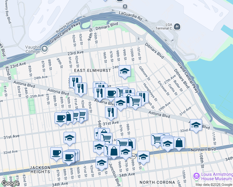 map of restaurants, bars, coffee shops, grocery stores, and more near 25-16 98th Street in Queens