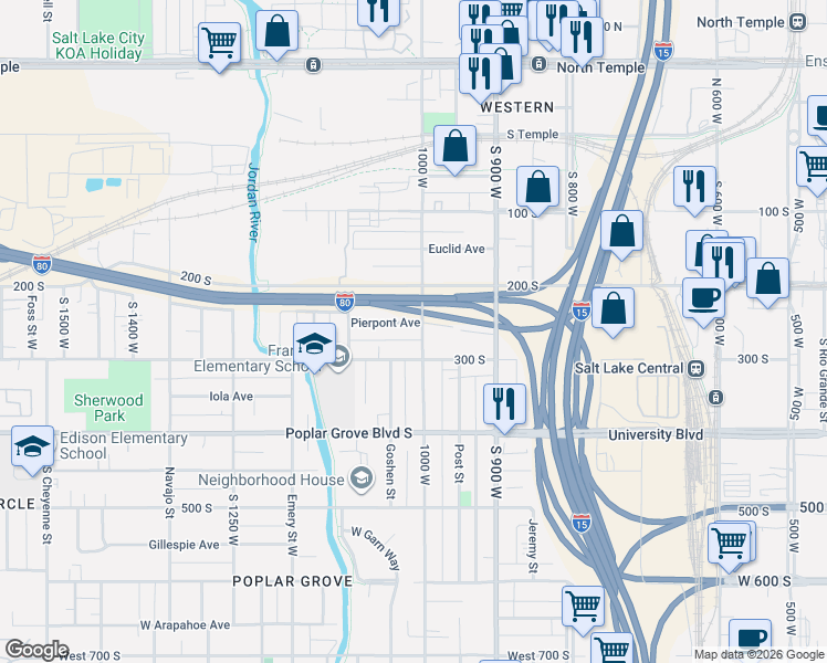 map of restaurants, bars, coffee shops, grocery stores, and more near 252 South 1000 West in Salt Lake City
