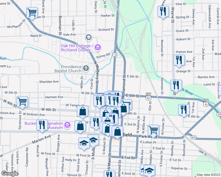 map of restaurants, bars, coffee shops, grocery stores, and more near 193 North Main Street in Mansfield