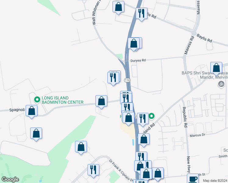 map of restaurants, bars, coffee shops, grocery stores, and more near 598 Broadhollow Road in Melville