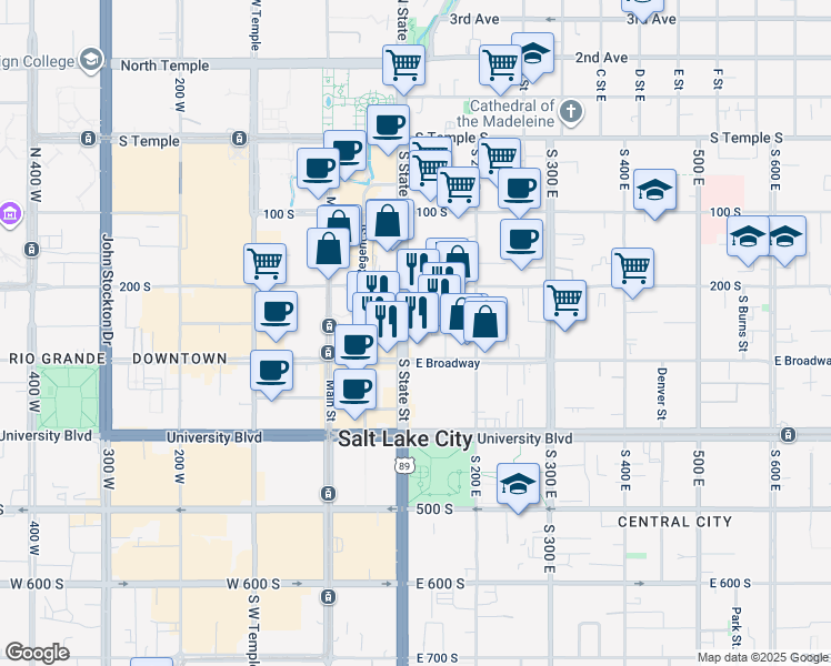 map of restaurants, bars, coffee shops, grocery stores, and more near 255 South State Street in Salt Lake City