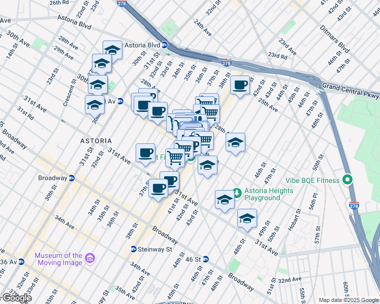 map of restaurants, bars, coffee shops, grocery stores, and more near 2858 Steinway Street in Queens