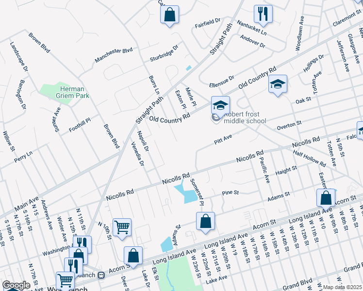 map of restaurants, bars, coffee shops, grocery stores, and more near 21 Morris Drive in Deer Park