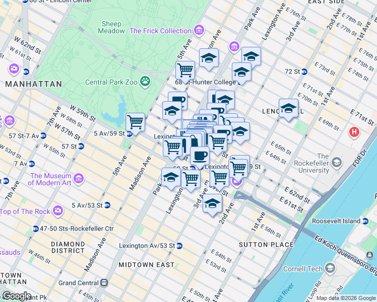 map of restaurants, bars, coffee shops, grocery stores, and more near 115 East 61st Street in New York