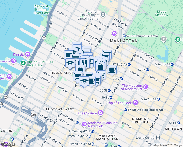 map of restaurants, bars, coffee shops, grocery stores, and more near 360 West 52nd Street in New York