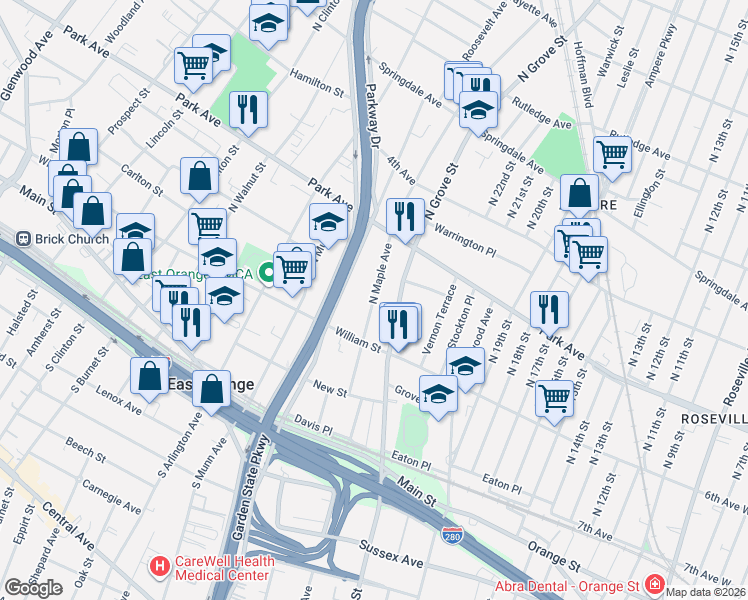 map of restaurants, bars, coffee shops, grocery stores, and more near 192 North Maple Avenue in East Orange