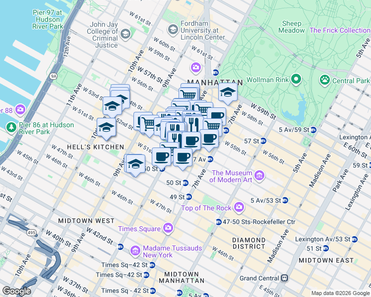 map of restaurants, bars, coffee shops, grocery stores, and more near 281 West 53rd Street in New York