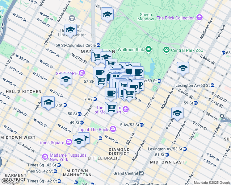 map of restaurants, bars, coffee shops, grocery stores, and more near 125 West 55th Street in New York