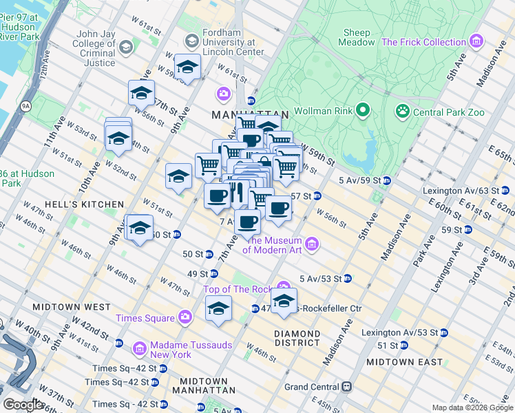 map of restaurants, bars, coffee shops, grocery stores, and more near 161 West 54th Street in New York