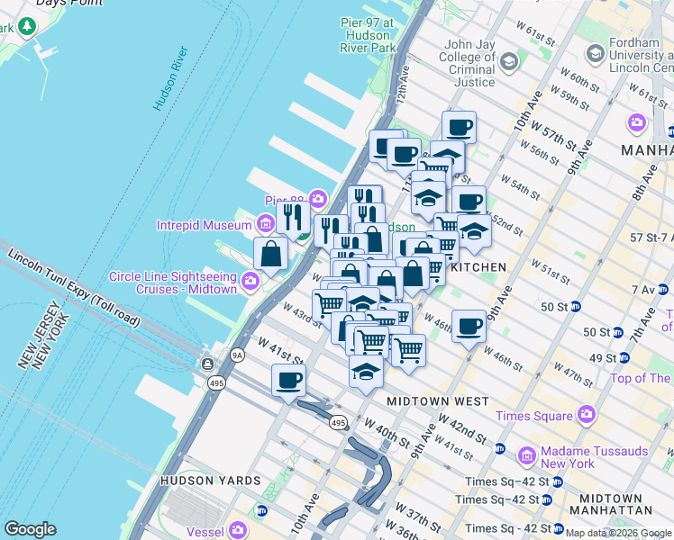 map of restaurants, bars, coffee shops, grocery stores, and more near 618 West 46th Street in New York