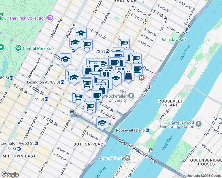 map of restaurants, bars, coffee shops, grocery stores, and more near 400 East 66th Street in New York