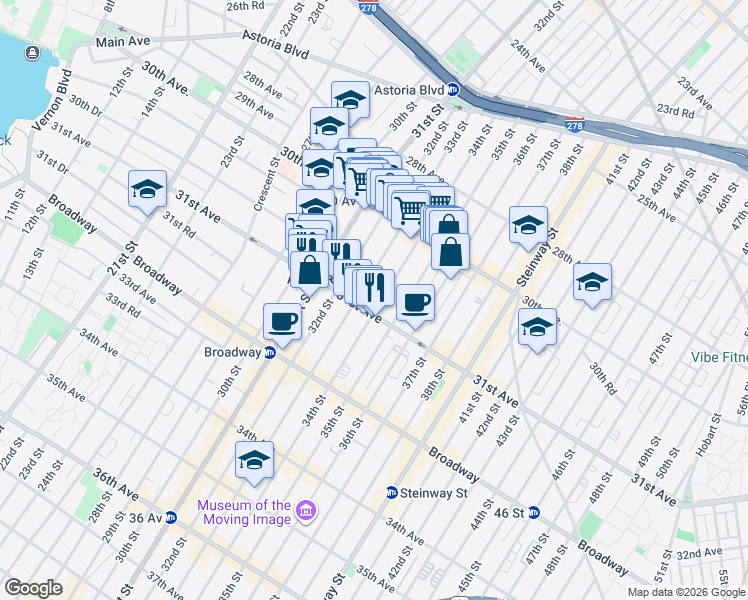 map of restaurants, bars, coffee shops, grocery stores, and more near 30-90 33rd Street in Queens