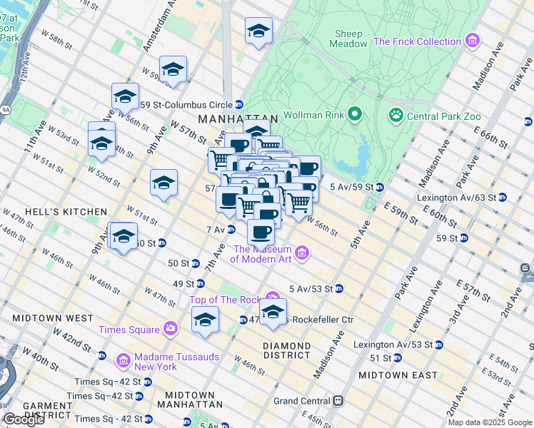 map of restaurants, bars, coffee shops, grocery stores, and more near 131 West 55th Street in New York