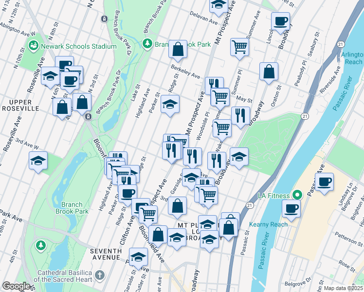 map of restaurants, bars, coffee shops, grocery stores, and more near 346 Mount Prospect Avenue in Newark