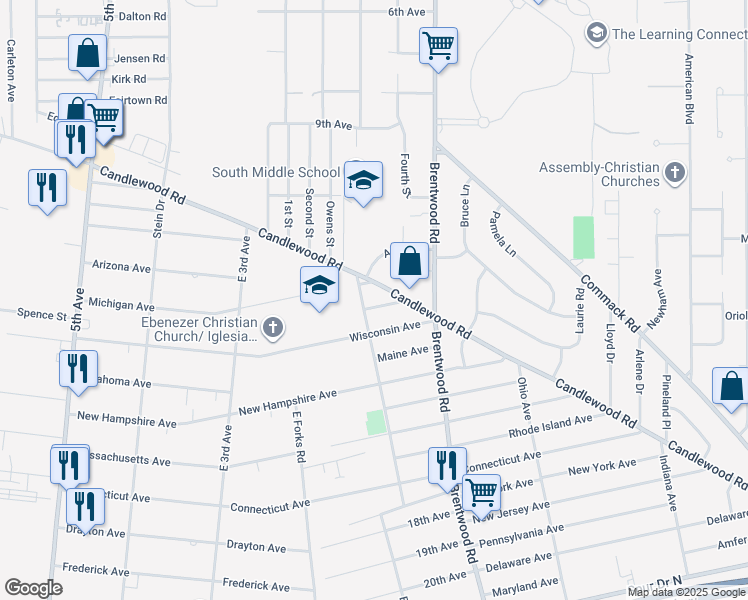 map of restaurants, bars, coffee shops, grocery stores, and more near 802 Michigan Avenue in Bay Shore
