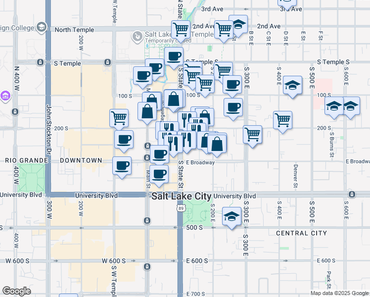 map of restaurants, bars, coffee shops, grocery stores, and more near 237 State Street in Salt Lake City