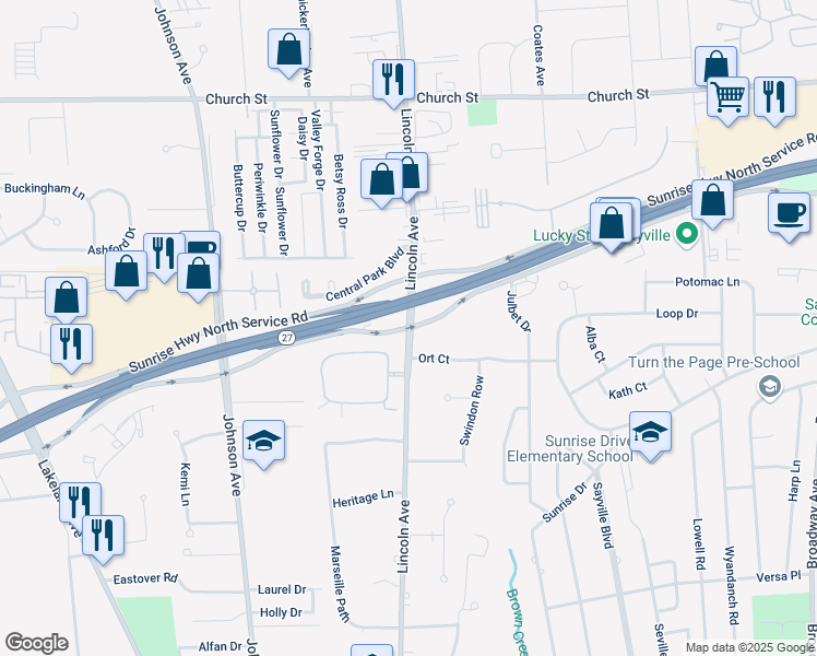 map of restaurants, bars, coffee shops, grocery stores, and more near Sunrise Hwy South Service Rd & Lincoln Ave in Sayville