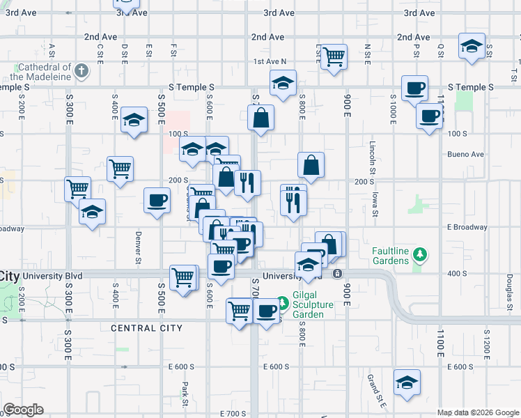 map of restaurants, bars, coffee shops, grocery stores, and more near 732 East 200 South in Salt Lake City