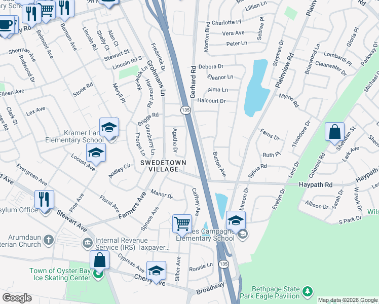map of restaurants, bars, coffee shops, grocery stores, and more near 18 Eleanor Road in Plainview