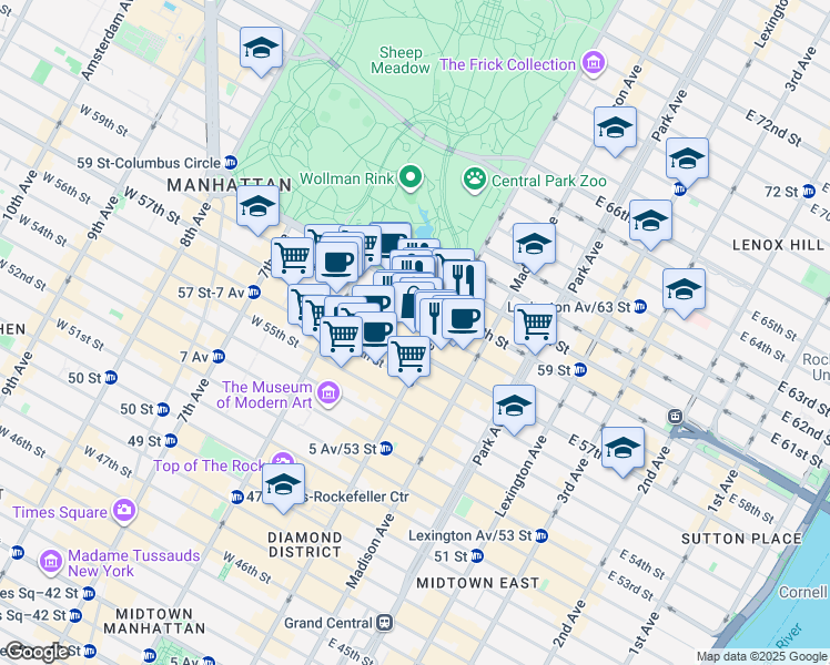 map of restaurants, bars, coffee shops, grocery stores, and more near 8 West 58th Street in New York