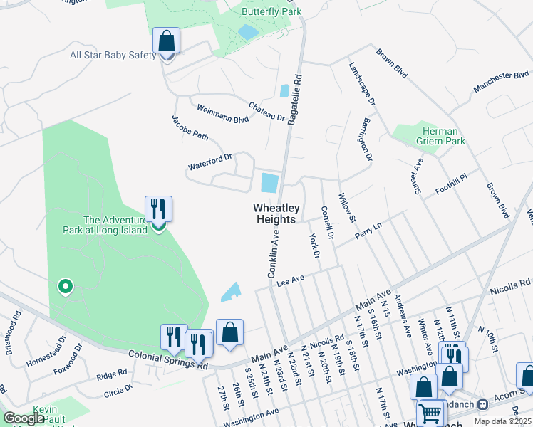 map of restaurants, bars, coffee shops, grocery stores, and more near 5 Oxford Court in Wheatley Heights