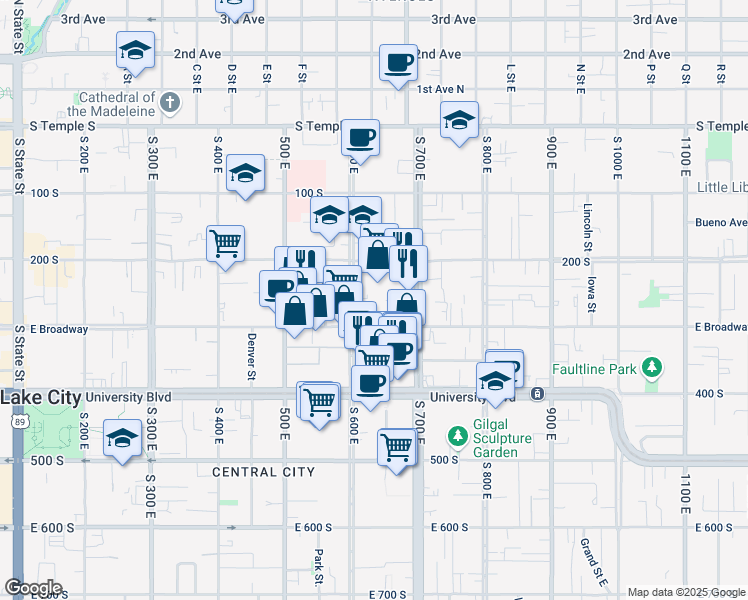 map of restaurants, bars, coffee shops, grocery stores, and more near 249 600 East in Salt Lake City