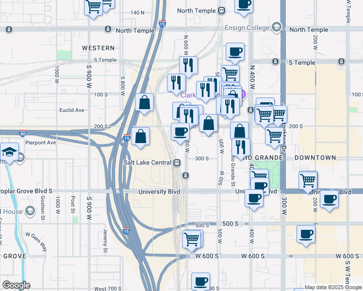 map of restaurants, bars, coffee shops, grocery stores, and more near 250 South 600 West in Salt Lake City