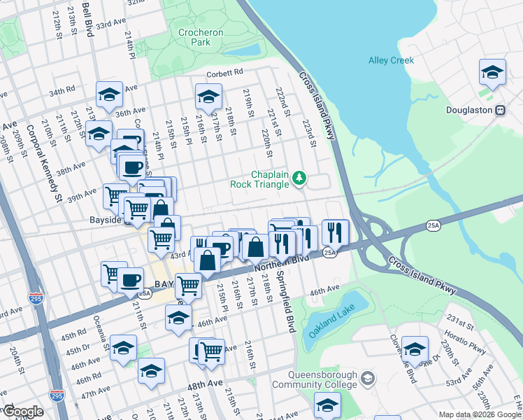 map of restaurants, bars, coffee shops, grocery stores, and more near 41-24 219th Street in Queens