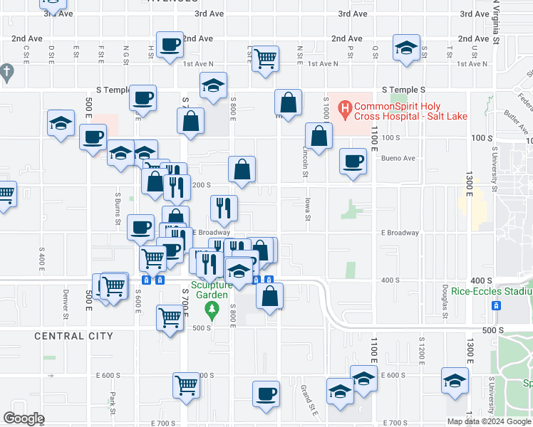 map of restaurants, bars, coffee shops, grocery stores, and more near 236 900 East in Salt Lake City
