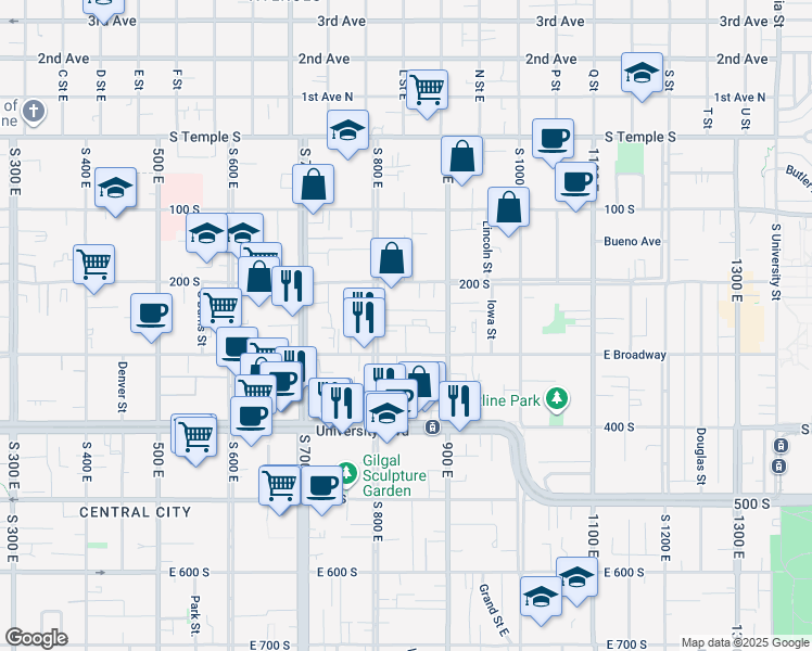 map of restaurants, bars, coffee shops, grocery stores, and more near 830 Menlo Avenue in Salt Lake City