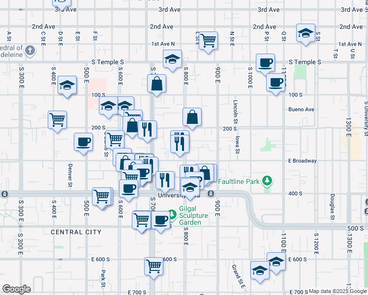 map of restaurants, bars, coffee shops, grocery stores, and more near 232 800 East in Salt Lake City