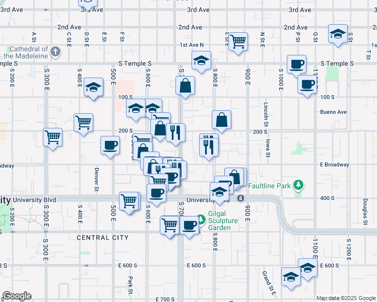 map of restaurants, bars, coffee shops, grocery stores, and more near 732 East 200 South in Salt Lake City