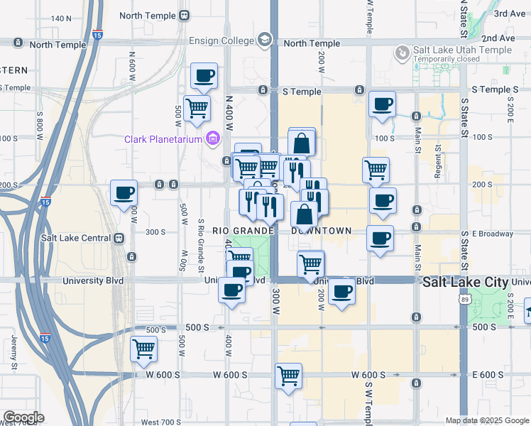 map of restaurants, bars, coffee shops, grocery stores, and more near 300 Pierpont Avenue in Salt Lake City