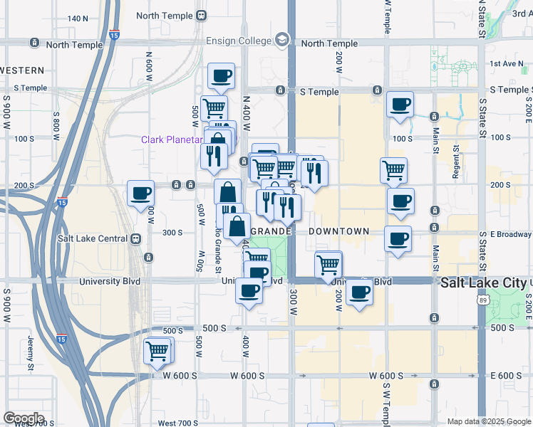 map of restaurants, bars, coffee shops, grocery stores, and more near 346 Pierpont Avenue in Salt Lake City
