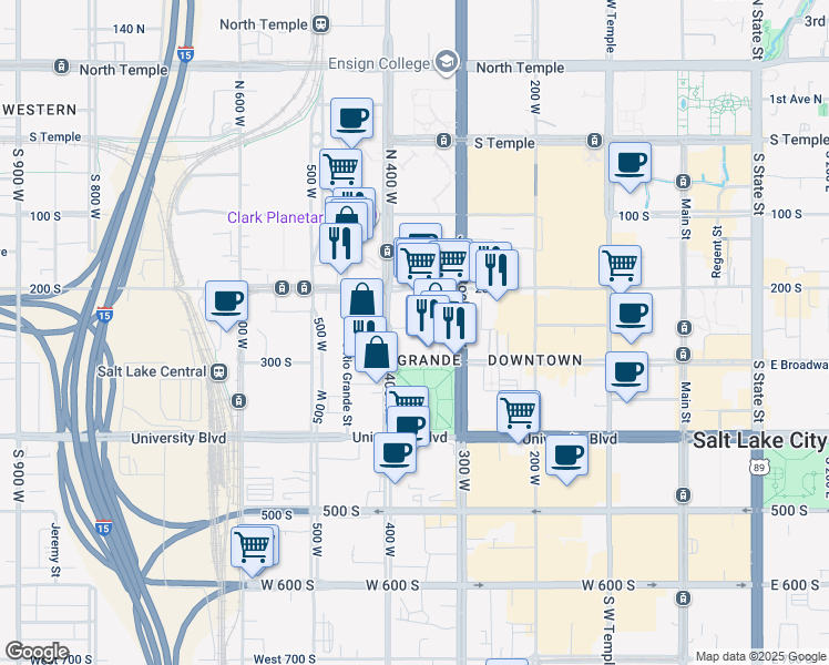 map of restaurants, bars, coffee shops, grocery stores, and more near 346 Pierpont Avenue in Salt Lake City
