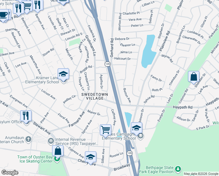 map of restaurants, bars, coffee shops, grocery stores, and more near 18 Eleanor Road in Plainview
