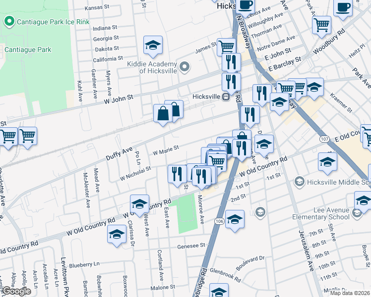 map of restaurants, bars, coffee shops, grocery stores, and more near 207 West Marie Street in Hicksville