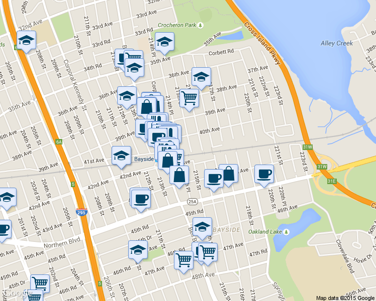 map of restaurants, bars, coffee shops, grocery stores, and more near 40-23 215th Street in Queens