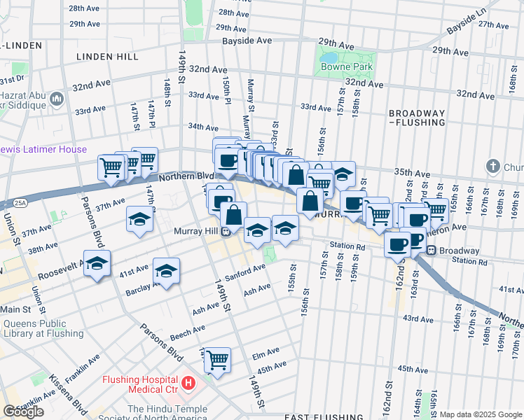 map of restaurants, bars, coffee shops, grocery stores, and more near 152-16 Roosevelt Avenue in Queens
