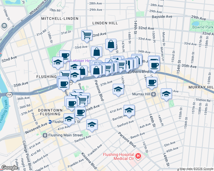 map of restaurants, bars, coffee shops, grocery stores, and more near 144-54 37th Avenue in Queens