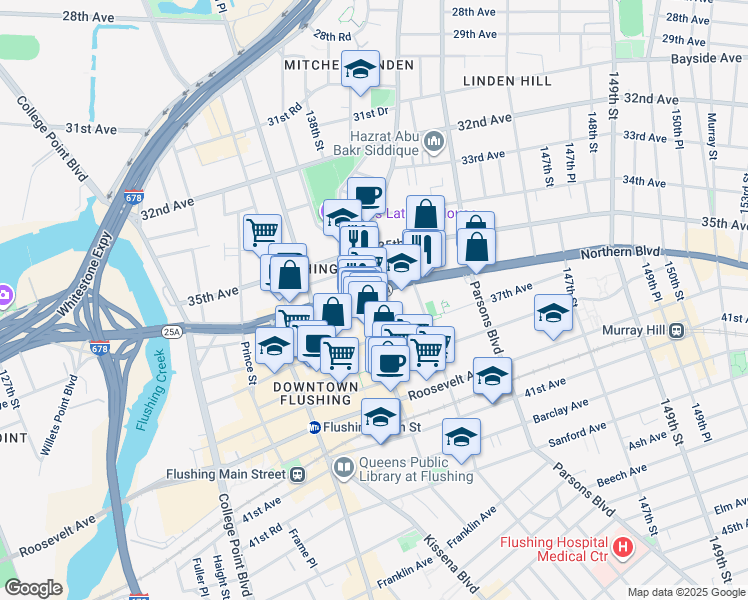 map of restaurants, bars, coffee shops, grocery stores, and more near 138-28 Northern Boulevard in Queens