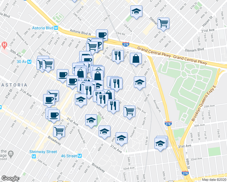 map of restaurants, bars, coffee shops, grocery stores, and more near 25-92 45th Street in Queens