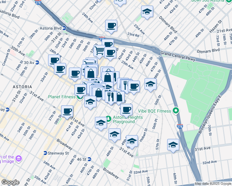 map of restaurants, bars, coffee shops, grocery stores, and more near in Queens
