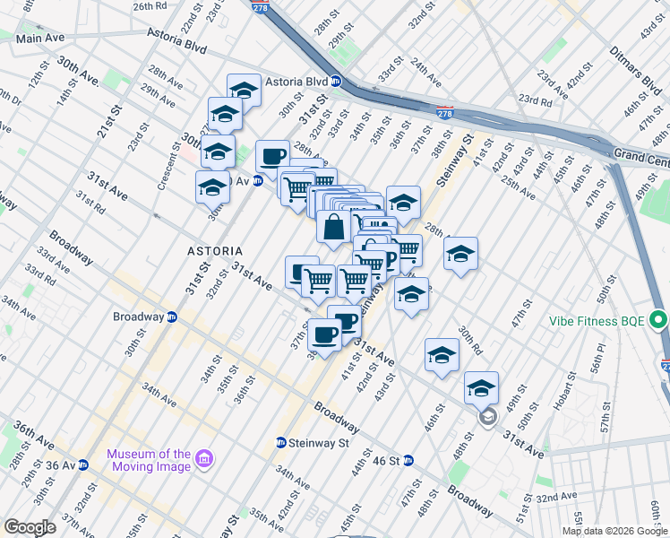 map of restaurants, bars, coffee shops, grocery stores, and more near in Queens