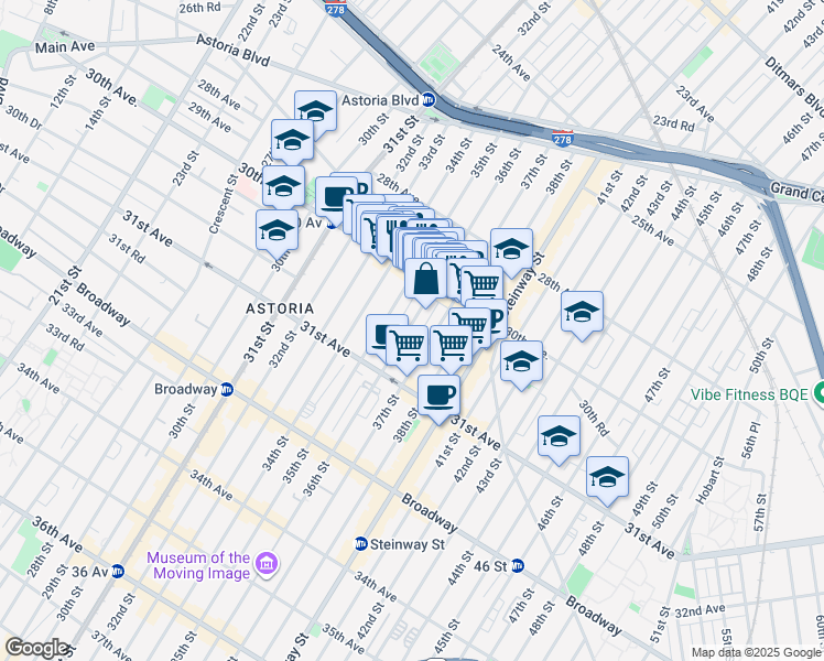 map of restaurants, bars, coffee shops, grocery stores, and more near 30-44 36th Street in Queens