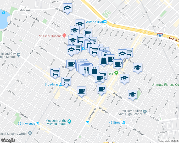 map of restaurants, bars, coffee shops, grocery stores, and more near 30-65 34th Street in Queens