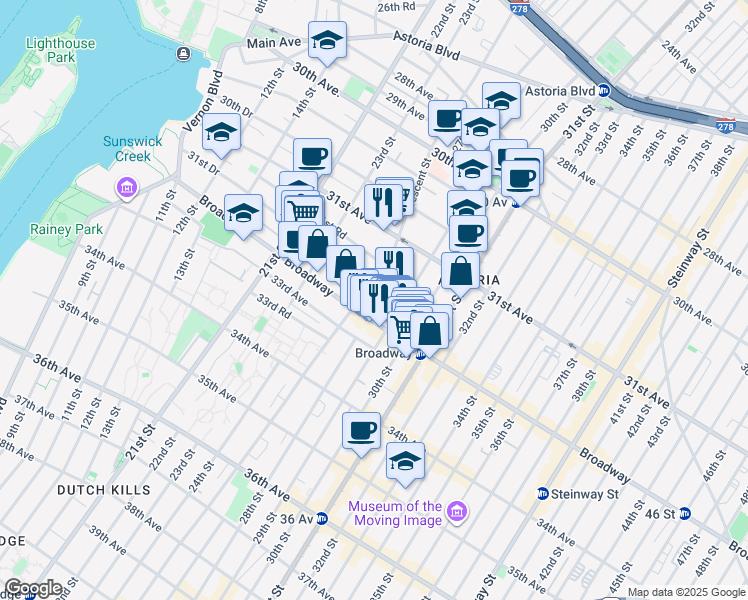 map of restaurants, bars, coffee shops, grocery stores, and more near 31-69 Crescent Street in Queens
