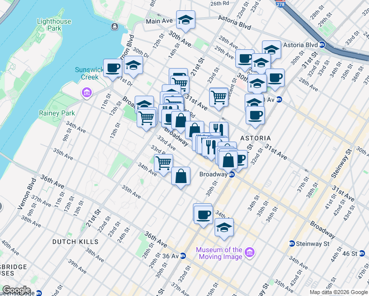 map of restaurants, bars, coffee shops, grocery stores, and more near in Queens