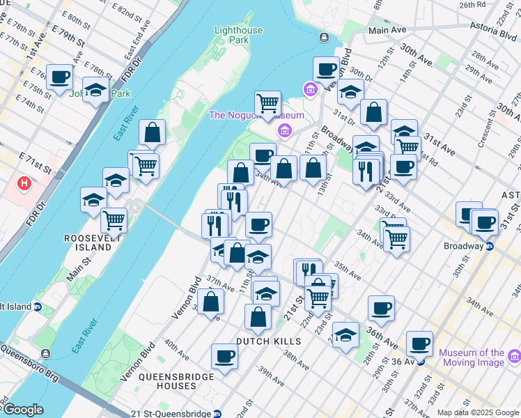 map of restaurants, bars, coffee shops, grocery stores, and more near 34-36 10th Street in Queens