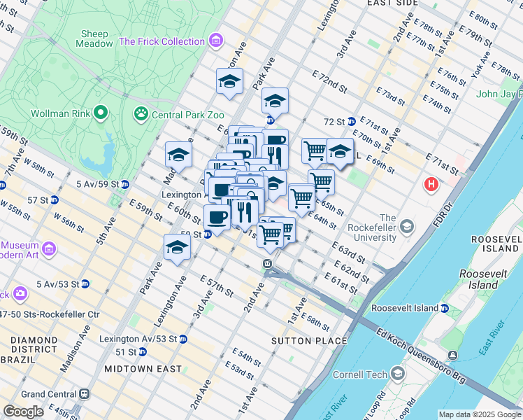 map of restaurants, bars, coffee shops, grocery stores, and more near 1062 3rd Avenue in New York